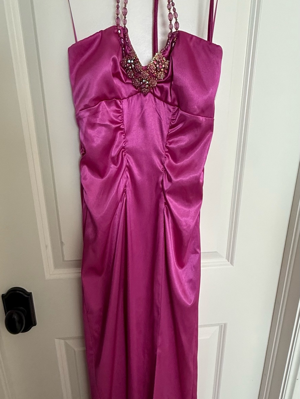 Mary L Couture Fuchsia Satin Beaded Neckline Formal Dress